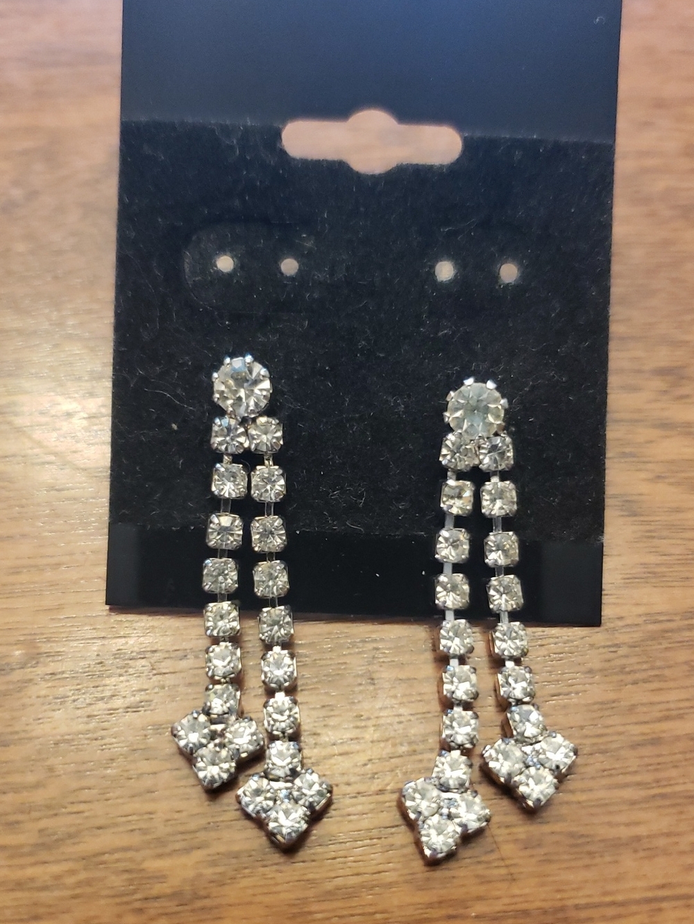 Vtg Rhinestone Drop Dangle Earrings - Silver Crystal - 1.5" Drop